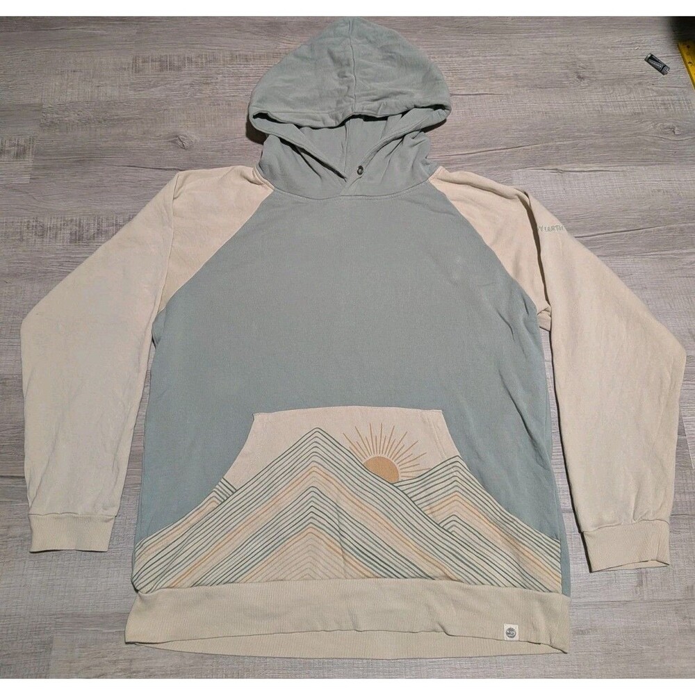 Happy Earth Organic Cotton Mountain Graphic Hoodie Sage Green Cream Sz XXL